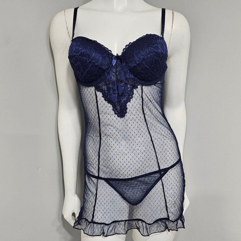 Sheer Lace Blue Babydoll Lingerie Set - Picture 2 of 8